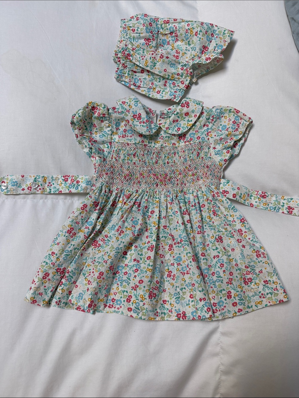 Girls Floral Smocked Dress with Matching Bonnet - Multi-Color